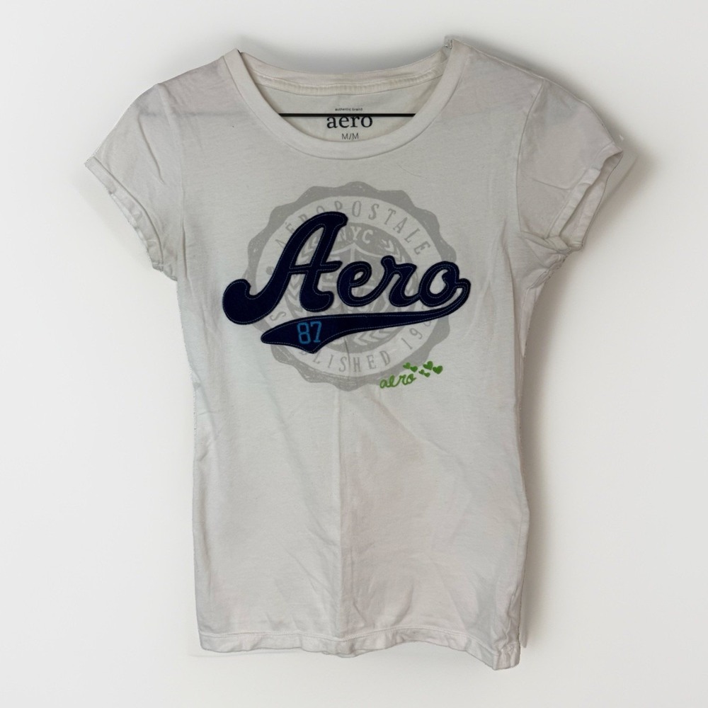 Aero Women's White Graphic Logo Crew Neck T-Shirt Short Sleeve Size M Cotton